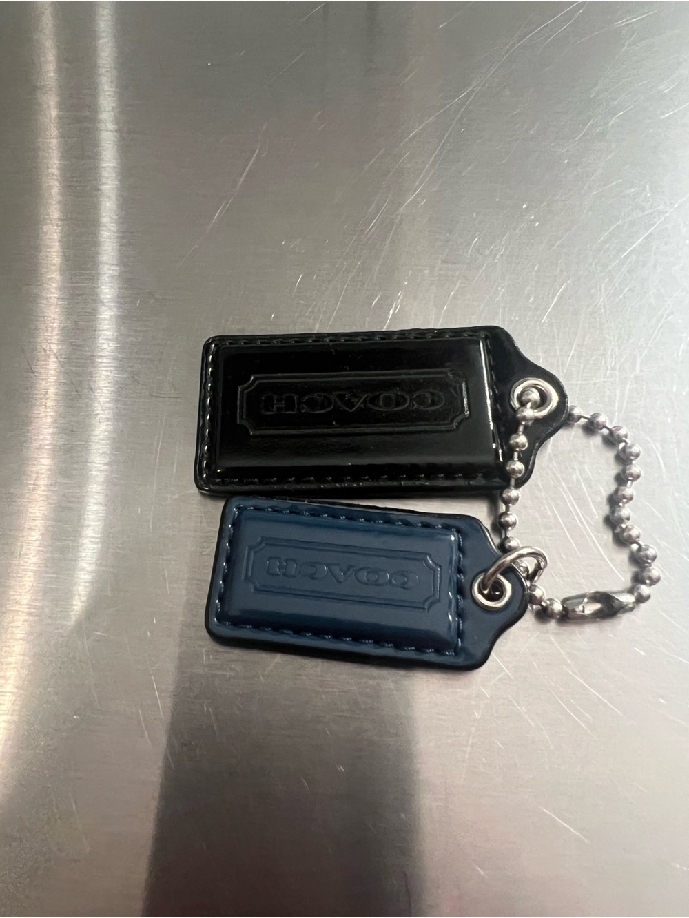 Coach Black and Navy Leather Key Tag Duo with Chain